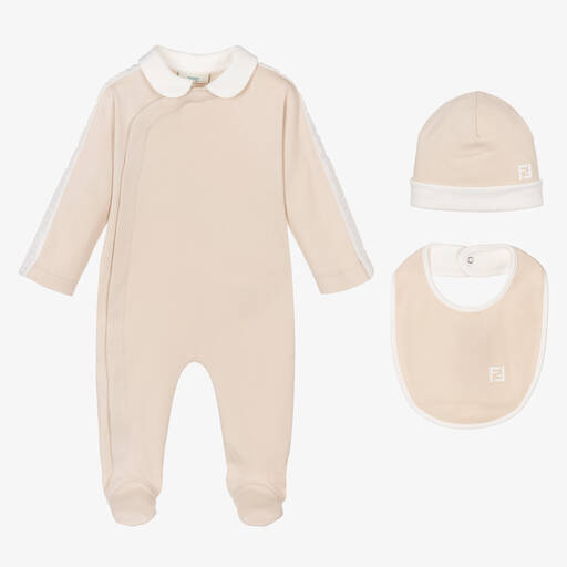 Fendi-Beige FF Cotton Babysuit Gift Set | Childrensalon