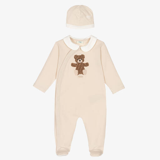 Fendi-Beige FF Teddy Bear Cotton Babysuit Set | Childrensalon