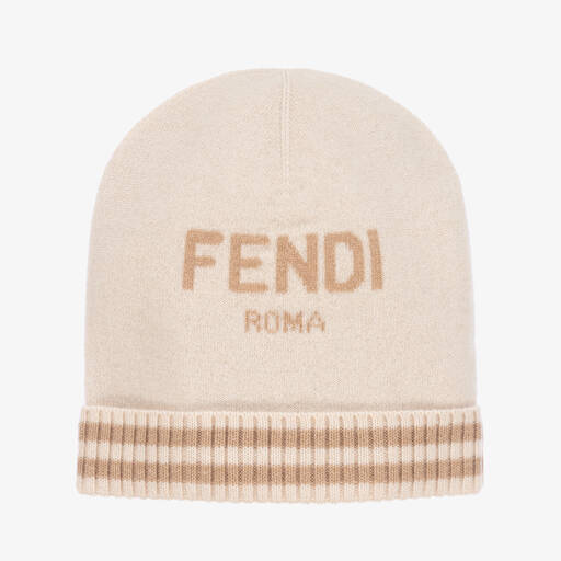 Fendi-Beige Knitted Cashmere Beanie Hat | Childrensalon