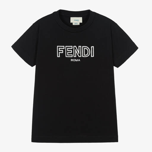 Fendi-Black Embroidered Cotton T-Shirt | Childrensalon