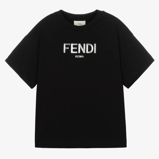 Fendi-Black & Metallic Silver Cotton T-Shirt | Childrensalon