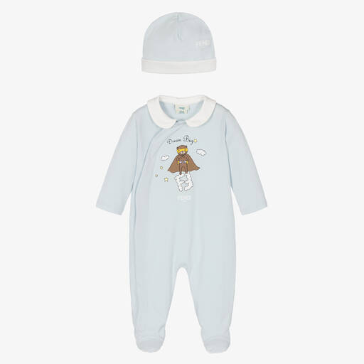 Fendi-Blue Cotton Superhero Bear Babysuit Set | Childrensalon