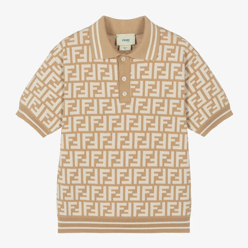 Fendi-Boys Beige Cotton FF Logo Polo Shirt | Childrensalon