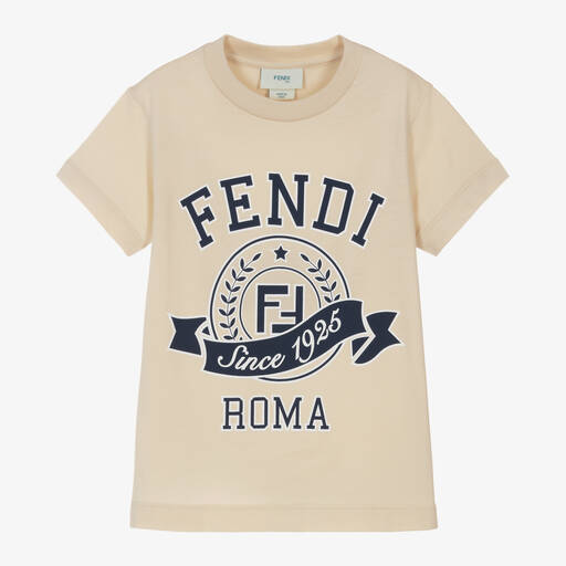 Fendi-Boys Beige Cotton Stamp Logo T-Shirt | Childrensalon