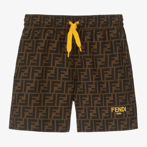 Fendi-Boys Brown FF Logo Swim Shorts | Childrensalon
