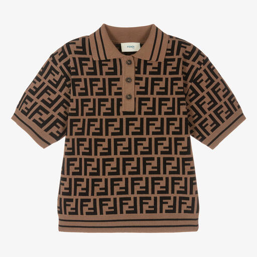 Fendi-Boys Brown Logo Knitted Polo Shirt | Childrensalon