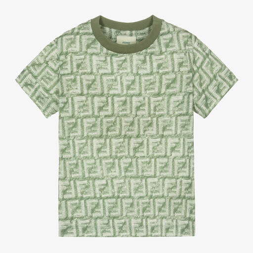 Fendi-Boys Green FF Logo Cotton T-Shirt  | Childrensalon