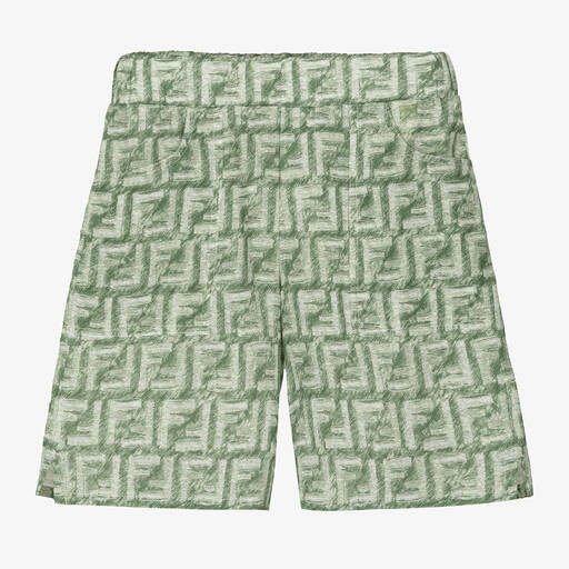 Fendi-Boys Green Linen FF Logo Shorts | Childrensalon