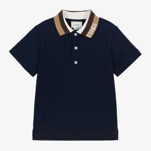 Fendi-Boys Navy Blue Intarsia Collar Polo Shirt | Childrensalon