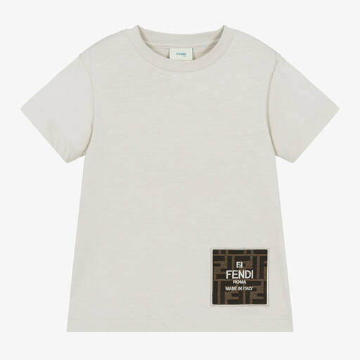 Fendi-Boys Pale Grey Cotton Appliqué T-Shirt | Childrensalon