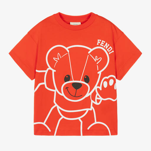 Fendi- تيشيرت بطبعة الدب قطن لون أحمر للأولاد | Childrensalon