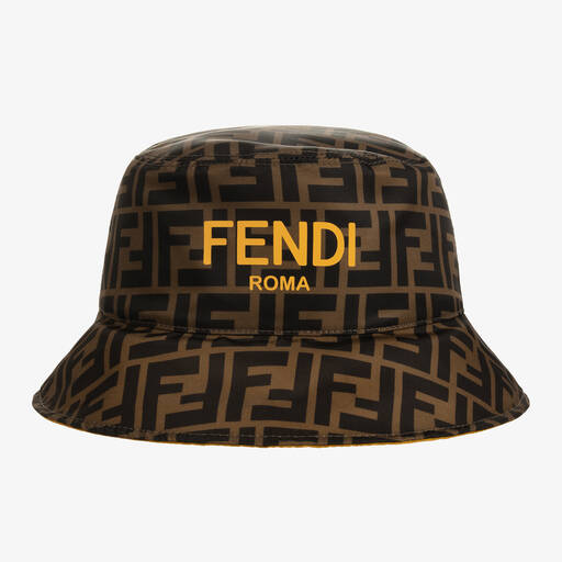 Fendi-Коричневая двусторонняя шапка-ведро с принтом FF | Childrensalon