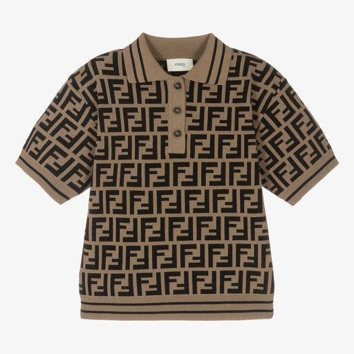 Fendi-Brown Logo Knitted Polo Shirt | Childrensalon