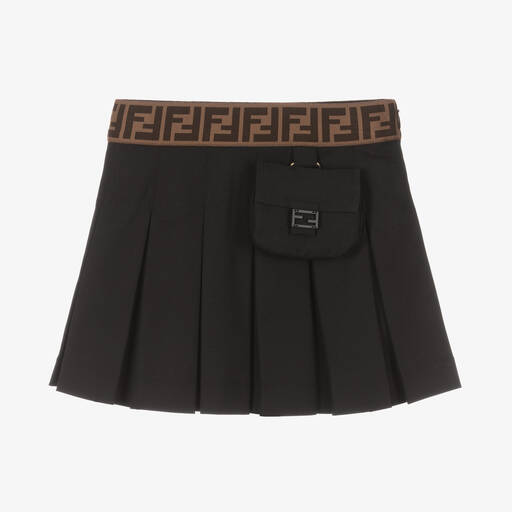 Fendi-Girls Black Cotton Pleated Skirt | Childrensalon