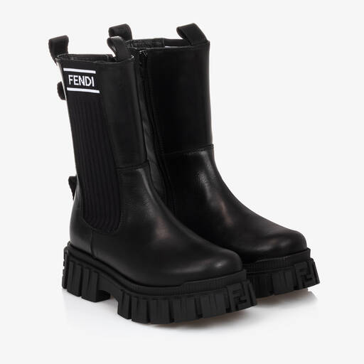 Fendi-Girls Black Leather Boots | Childrensalon