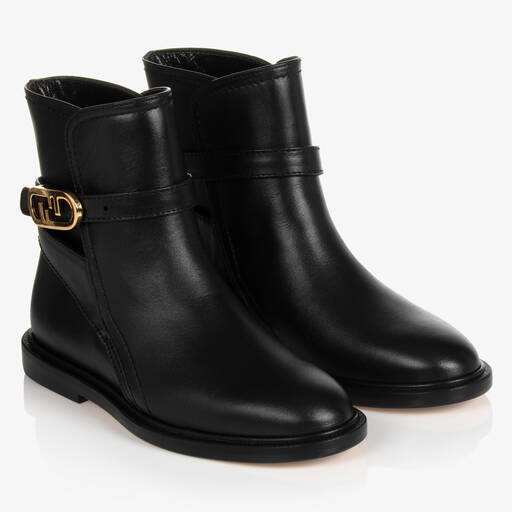 Fendi-Girls Black Leather Boots | Childrensalon