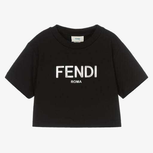 Fendi-Girls Black & Silver Cropped T-Shirt | Childrensalon
