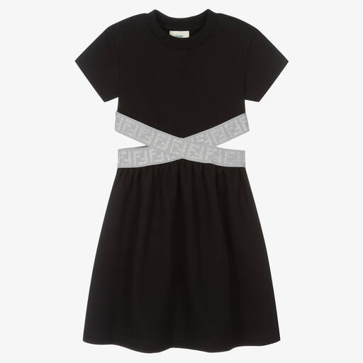 Fendi-Girls Black & Silver FF Cut-Out Dress | Childrensalon