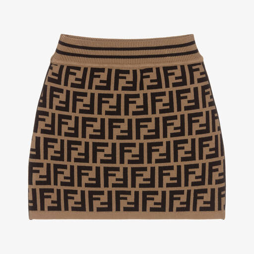 Fendi-Girls Brown FF Knitted Skirt | Childrensalon
