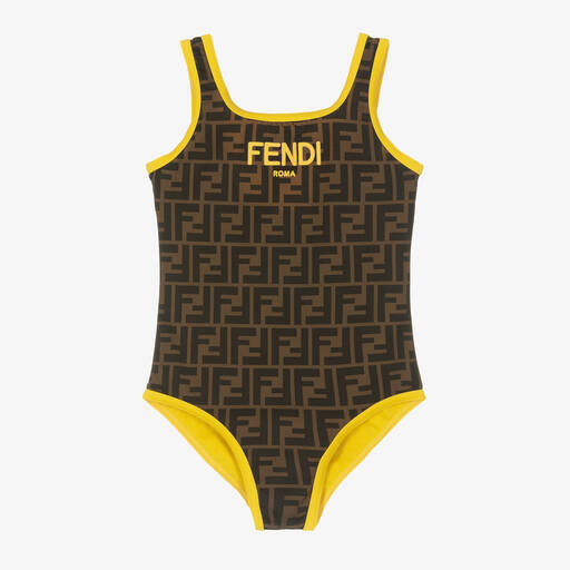 Fendi-Girls Brown FF Logo Reversible Swimsuit | Childrensalon