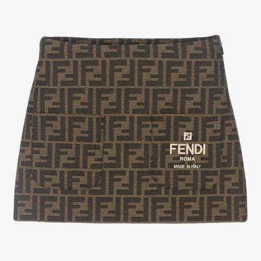 Fendi-Girls Brown Jacquard FF Logo Skirt | Childrensalon