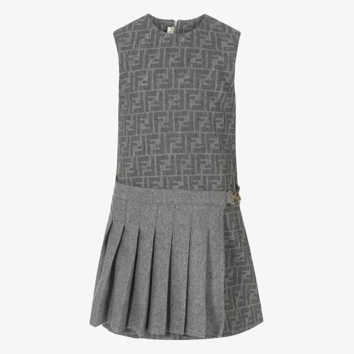 Fendi-Girls Grey FF Wool Flannel Dress | Childrensalon