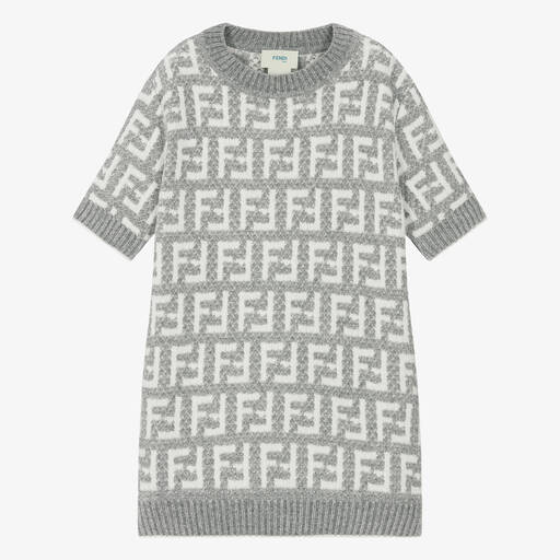 Fendi-Girls Grey Knitted FF Monogram Dress | Childrensalon