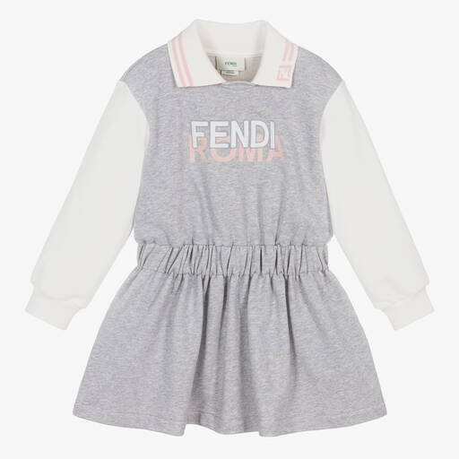 Fendi-Girls Grey Marl Cotton Jersey Dress | Childrensalon