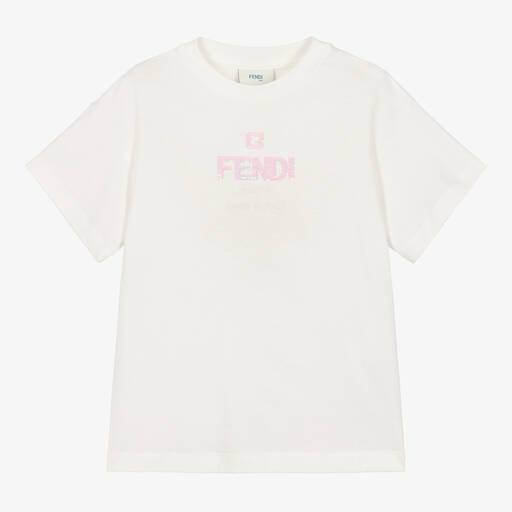Fendi-Girls Ivory Cotton Sequin Logo T-Shirt | Childrensalon