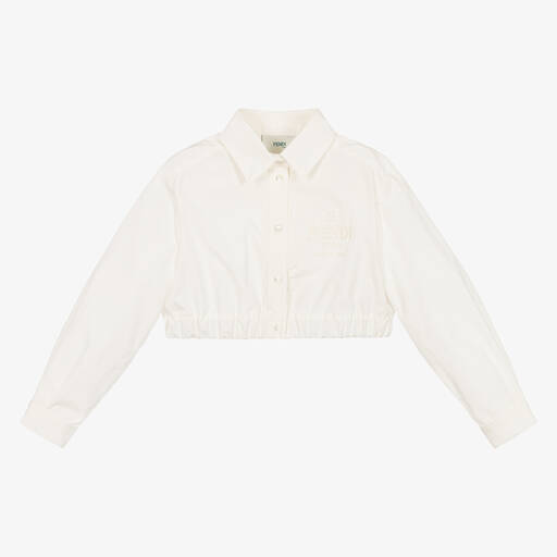 Fendi-Girls Ivory Cropped Cotton Logo Shirt | Childrensalon