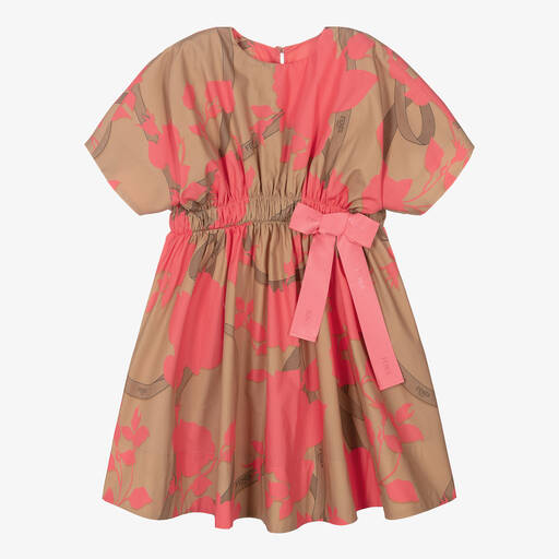 Fendi-Girls Pink & Beige Cotton Logo Dress | Childrensalon
