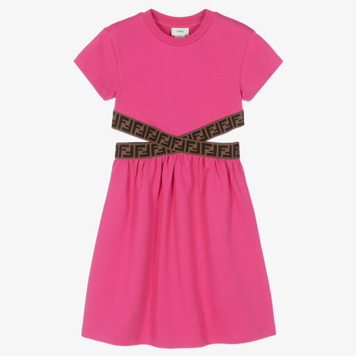 Fendi-Girls Pink & Beige FF Cut-Out Dress | Childrensalon