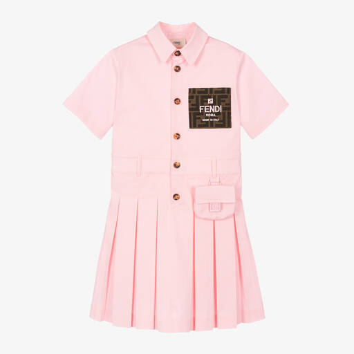 Fendi-Girls Pink Cotton FF Baguette Dress | Childrensalon