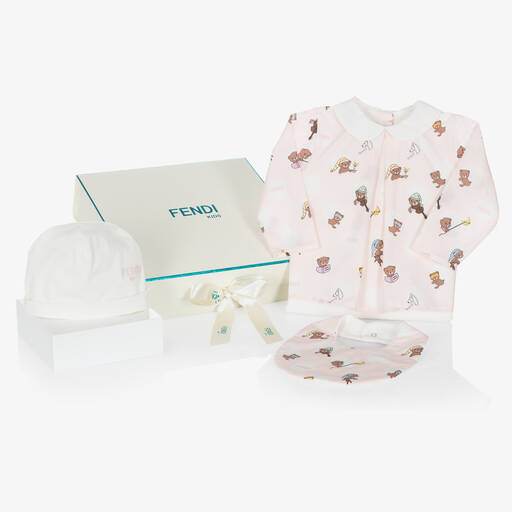 Fendi-Girls Pink Cotton Teddy Bear Babysuit Set | Childrensalon