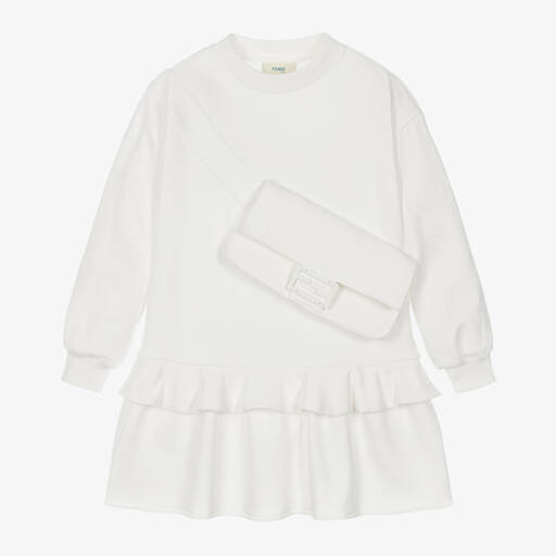 Fendi-Girls White Cotton Baguette Bag Dress | Childrensalon