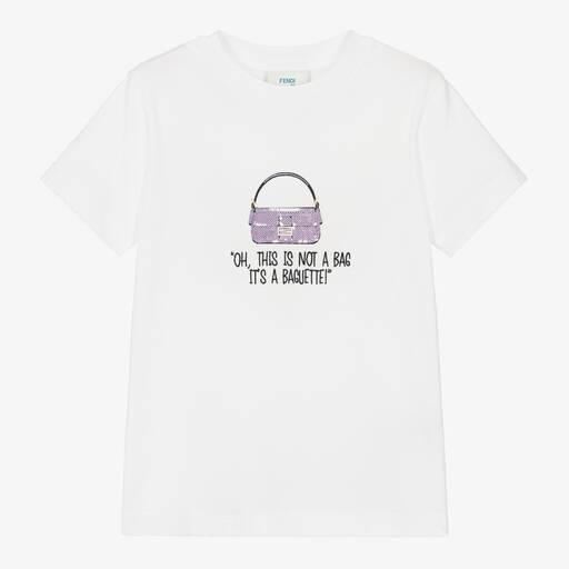 Fendi-Girls White Cotton Baguette Bag T-Shirt | Childrensalon
