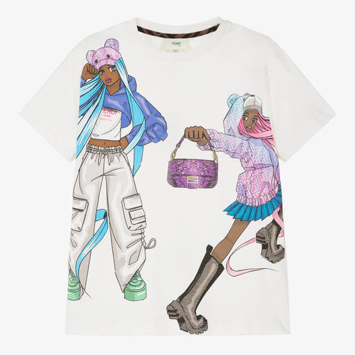 Fendi-Weißes Baumwoll-T-Shirt mit Manga-Print für Mädchen | Childrensalon