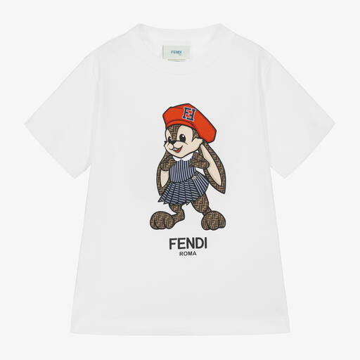 Fendi-Girls White Cotton Rabbit T-shirt | Childrensalon