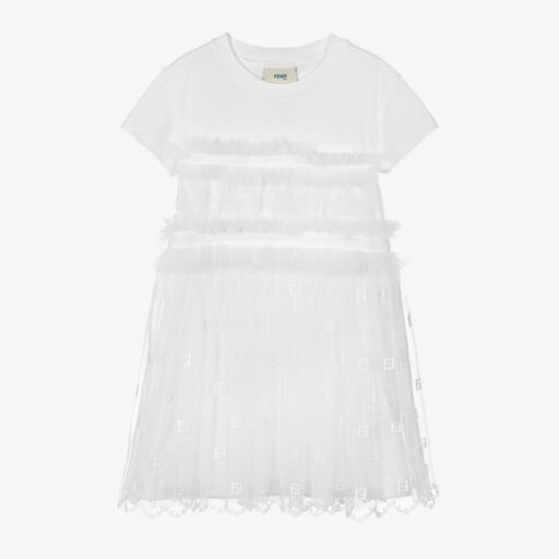 Fendi-Girls White Cotton Tulle Logo Dress | Childrensalon