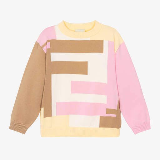 Fendi-Girls Yellow Cotton FF Logo Sweater | Childrensalon