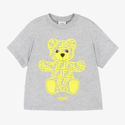 Fendi-Grey & Neon Yellow FF Teddy Bear T-Shirt | Childrensalon