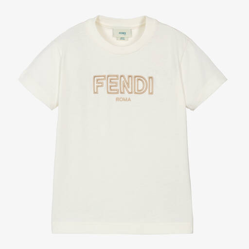 Fendi-Ivory Embroidered Cotton T-Shirt | Childrensalon
