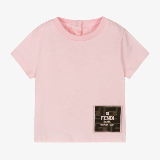 Fendi-Pink Cotton FF Logo Patch Baby T-Shirt | Childrensalon