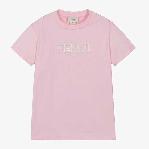 Fendi-Pink Embroidered Cotton T-Shirt | Childrensalon
