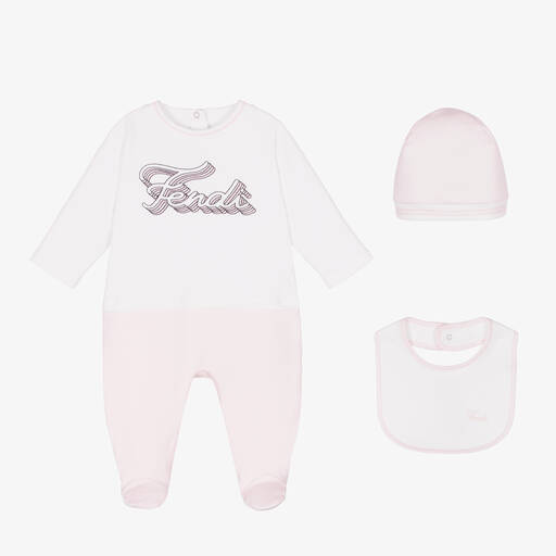 Fendi-Pink Logo Baby Grow Gift Set | Childrensalon