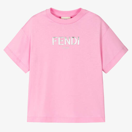 Fendi-Pink & Metallic Silver Cotton T-Shirt | Childrensalon
