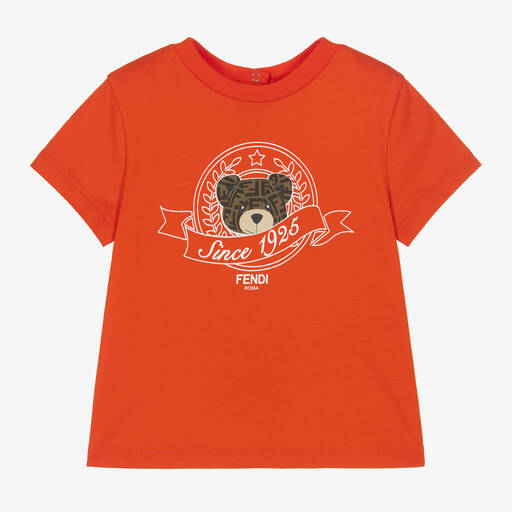 Fendi-Red FF Teddy Bear Cotton Baby T-Shirt | Childrensalon