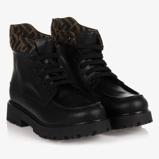 Fendi-Teen Black FF Leather Boots | Childrensalon
