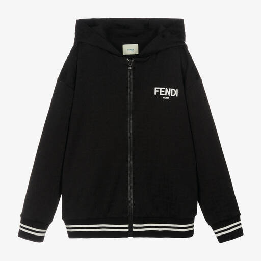 Fendi-Teen Black Jacquard FF Logo Zip-Up Hoodie | Childrensalon