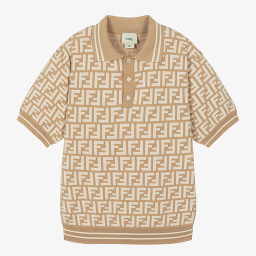 Fendi-Teen Boys Beige Cotton FF Logo Polo Shirt | Childrensalon